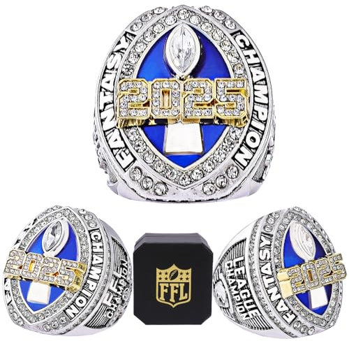 noblehead 2025 Fantasy Football Championship Ring | Schwerer FFL Champion-Trophäe | Vergoldete und Silberne Belohnungs-Trophäe für Gewinner der Fantastischen Football League, Größe, size 8 with free