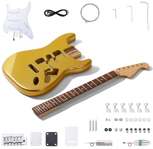Leo Jaymz DIY ST Style E-Gitarren-Kits, spritzlackierter Mahagoni-Körper, Griffbrett aus Lorbeerholz und Ahornhals, einschließlich aller Komponenten (ST Gold)