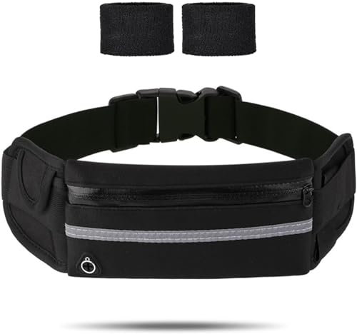 Riñonera Running Cinturon Correr con 2pc Muñequeras, Cinturon Running Porta Movil con Soporte para Botella De Agua,Riñonera Correr Pequeño para Mujer Hombre,Running Belt Negro