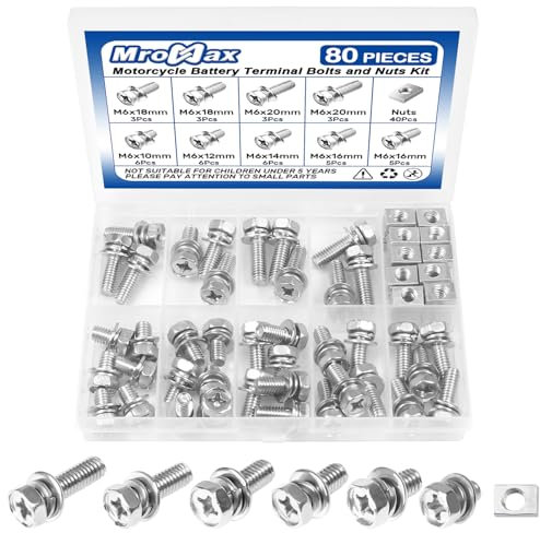 80 Pcs Battery Bolts and Nuts Kit 304 Stainless Steel Motorcycle Battery Terminal Nuts and Bolts M6x10/12/14/16/18/20mm Battery Screw with Square Nut for ATV Bike, Motorcycle, Scooter