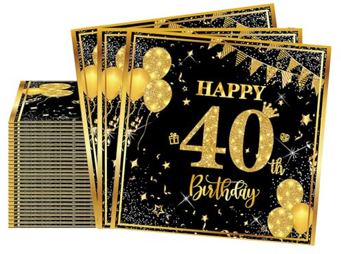 20 Stück Servietten 40. Geburtstag Frau Mann, 33x33cm Schwarz Gold Servietten 40, 2-Lagig Cocktail Serviette für Geburtstagsdeko 16 Jahr