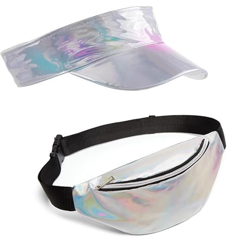 The Fancy Dress Adults 80's Shiny Bum Bag and Sun Visor Hat Set - Unisex Summer Beach Fun Party Costume Accessories for Men and Women, Shiny Silver