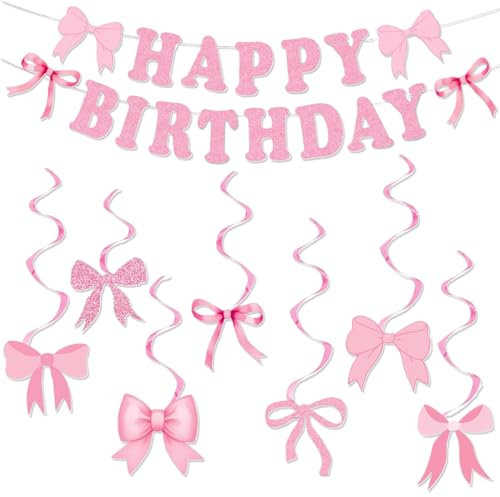 Cartel de feliz cumpleaños con lazo rosa, decoración de fiesta para niñas, baby shower y primer cumpleaños, cartel de cartulina preencordado, bonita decoración de fiesta rosa para pared, mesa, ventana