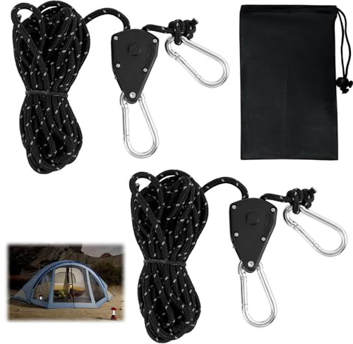 Réfléchissante de Haubanage avec Poulie 4 mm, Ajusteur en Aluminium pour Camping, Randonnée, Tentes et Auvents, Kit Complet avec Sac de Rangement - tendeur de Corde à cliquet Noir
