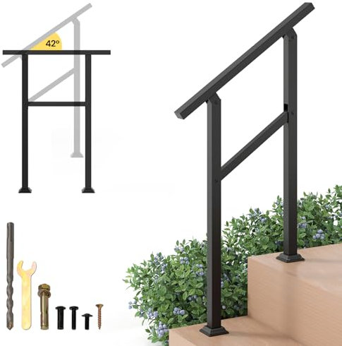 GYMAX Barandilla Exterior para Escaleras, Pasamanos de Metal Ajustable, 2/3/4/5/6 Escalones, Fácil Instalación, para Hormigón, Madera, Terrazas, Balcones, Hotel (2 niveles)