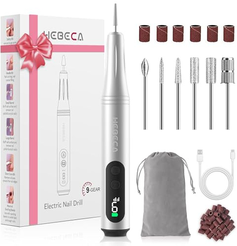 HEBECA Cordless Nail Drill - Electric Nail File Professional with 9 Speed LED Display - Rechargeable Nail Drill Machine for Acrylic or Natural Nails, Portable Electric Manicure and Pedicure Set Home