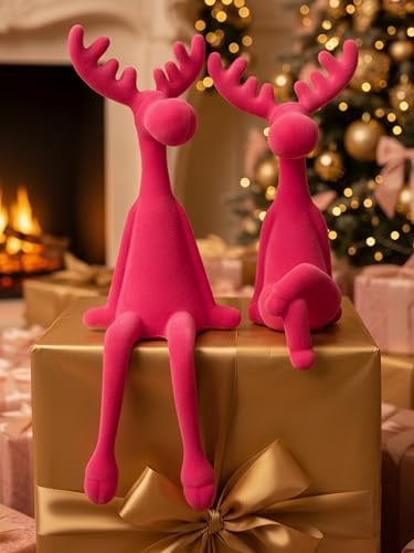 Pommerntraum ® | 2-ER Set! Kantenhocker Kantensitzer Dekofiguren Weihnachtsdeko Deko Ladendeko Pinke Hirsche Elche Rentiere (Mama Mia + La Belle)
