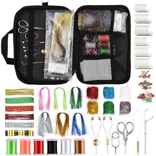 ERYUE Kit D'outils et de Matériel de Mouches pour Débutant, Ensemble Fabrication Leurres Pêche avec 150 Accessoires pour Mouches Attrayantes Bar et Truite