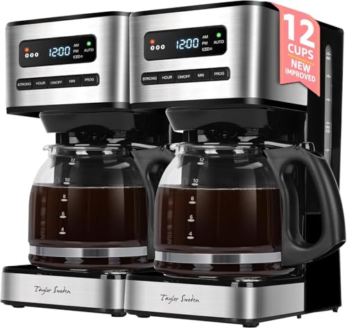 Taylor Swoden Cafetera Goteo 12 Tazas(1.8L) - 900W Programable 24H LED*2 | 3 Niveles + Modo Café Helado, Jarra Borosilicato, 40 Min Mantener caliente+Autoapagado, Autolimpieza, Antigoteo, Inox