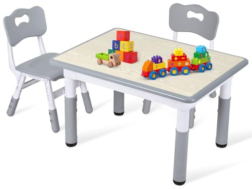 Ansobea Kindertisch mit 2 Stühlen Set, 7-Fach höhenverstellbarer, 80x60 cm Maltisch & Schreibtisch, kindersitzgruppe, Grau Holzdruck