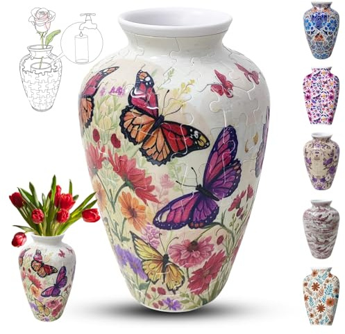 Adults 3D Jigsaw Vase, 120 Pieces, DIY Jigsaw Puzzle, 3D curved puzzle with water column, perfect for displaying real or artificial flowers and flower arrangements(Butterflies)