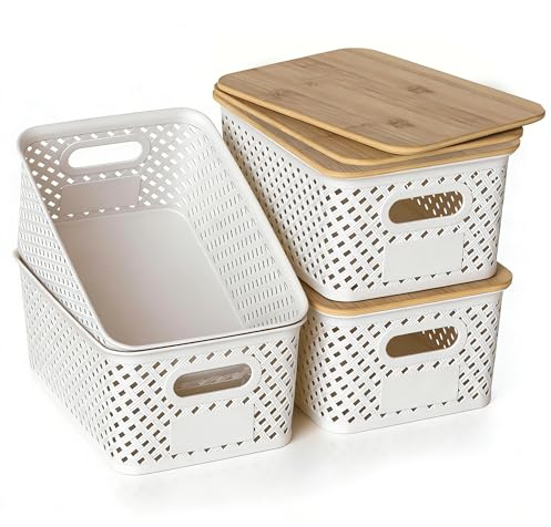 HapiLeap Plastic Storage Baskets With Bamboo Lid, Stackable Plastic Storage Boxes for Organizing Pantry Shelves Drawers Desktop Closet Playroom Classroom Office, 6 Pack (4-Pack White)