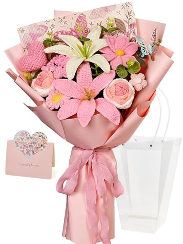 Wishwell Pop Crochet Flower Bouquet, Love Heart Rose Lily Flowers, Pink | Handmade Knitted Flower Gift for Mum, Girlfriend, Loved Ones, Friends on Mother's Day, Valentine's Day, Birthday, Graduation