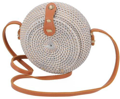 GURU SHOP Geflochtene Handtasche, Korbtasche, Rattantasche, Bali rund | 100 % Rattan, Unisex, traditionell handgefertigt, Innenfutter aus Sarongstoff, ideal für den Sommer, lässiger Look