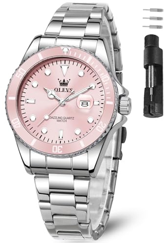 OLEVS Damen Armbanduhr Analog Quarz Wasserdicht Klassische Damenuhr Sliber Edelstahlarmband mit Datum Diamant Schlankes Design Geeignet für schmale Handgelenke