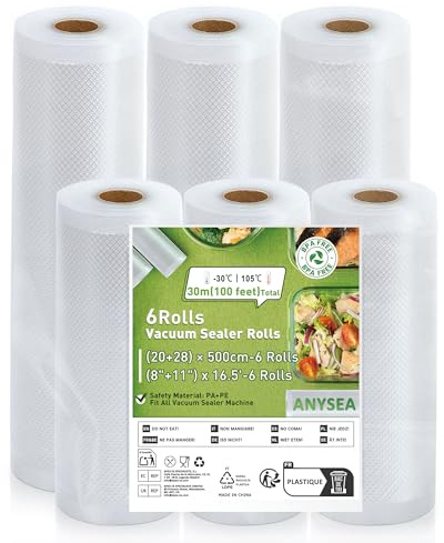 Sacs Sous Vide Alimentaire 20/28 × 500 cm, 6 Rouleaux Film Sous Vide Alimentaire Professionnel pour Appareil de Soudsous Vide et Cuisson Sous Vide, Sachet Sous Vide Sans BPA - 30 Mètres