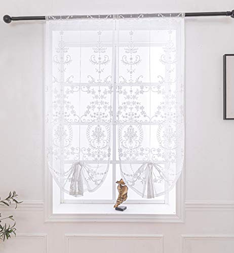 Lactraum Raffrollo Raffgardinen Wohnzimmer Weiß Tranparent Bestickt Vintage Klassische Voile 80 x 180 cm(B x H)