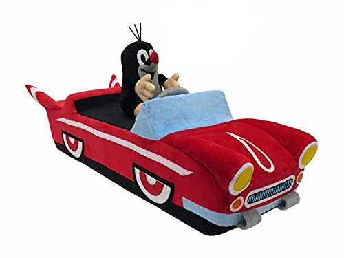 Plüschtier Kuscheltier Stofftier Schmusetier Original Der Kleine Maulwurf The Little Mole Krtek Krtecek Rot Auto mit Sitzend und Sprechend Mailwurf, 25x19x70, für Kinder Baby Jungen Mädchen