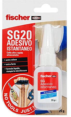 Fischer Adesivo Istantaneo SG 20 gr, Cianoacrilato, Super Colla Ultrarapida Attaccatutto - Non si Occlude la Punta - per Gomma, Plastica, Pelle, Legno, Ceramica