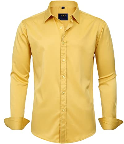 J.VER Men's Long Sleeve Dress Shirts Regular Fit Business Casual Formal Shirt Solid Button Down Stretch Wedding Work Non Iron Yellow L