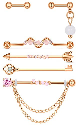 AceFun Industrielle Ohrringe 14Gauge 1.6mm 38mm Dangle Double Knorpel Forward Helix Ohrring Roségold Rosa Zirkonium Perlen Pfeilschlüssel Bead Industrial Bar Piercing Schmuck