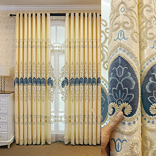 Amidoudou 1 Paar europäische Luxus-Vorhänge, bestickt, halbverdunkelnd, Jacquard-Vorhänge, für Wohnzimmer, Schlafzimmer, Beige, 130 x 244 cm