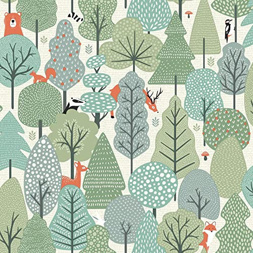 Muriva Wild Woodland Animals Scandi Trees Wallpaper Kids Nursery Feature Wall Green M51604