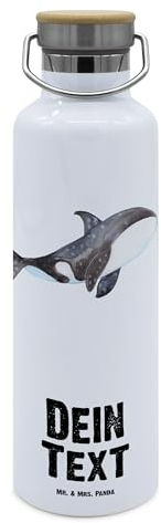 Mr. & Mrs. Panda Personalisierte Trinkflasche Orca - Geschenke, Arbeit, Selbst Gestalten, Motivation, Mit Namen, Wal, Meer, Flasche Gravur, Wasserflasche, Büro, Orcas