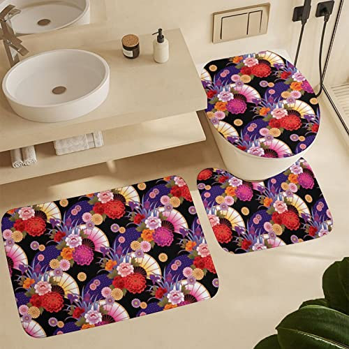 3 Pcs Bathroom Mat Set Japanese Fan Flower Vintage Art Cozy U-Shaped Contour Mat With Rubber Backing Pedestal Mat Toilet Lid Cover For Indoor,Bathroom,Toilet