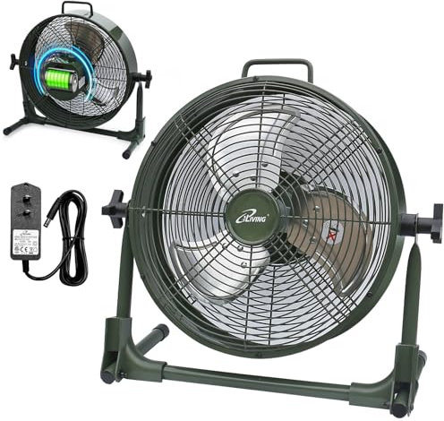 iLiving 12 Rechargeable Battery Operated Camping Floor Fan, High Velocity Portable Outdoor Fan with Metal Blade, With Built-in Lithium Battery for Whole Day Usage, 12 Inches, Military Green