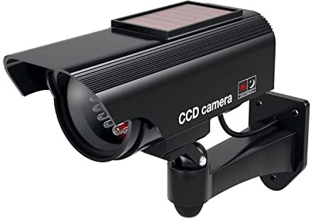 BASI | Solar Kamera-Attrappe mit blinkendem LED-Licht | Dummy Kamera | Sicherheitskamera | Überwachungskamera für Innen- und Außenbereich solarbetrieben | Wandhalterung | Solar Panel | CCTV