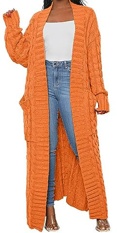 HRESSLBD Womens Thin Stylish Cable Knit Dual Extra Long Maxi Cardigan with 2-Pockets, Cardigan-orange, L