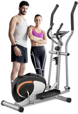 Crosstrainer für zuhause, Dripex Magnetisch Ellipsentrainer, Ultraleiser Crosstrainer mit 8-stufiger Widerstand, 6KG Schwungrad, Pulssensor, LCD Monitor, Gerätehalterung, Transporträder (Orange)