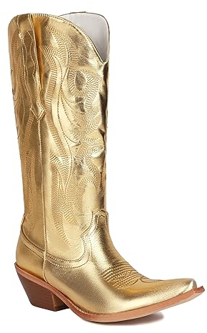 CRETUAO Stivali da Cowgirl Metallizzati da Donna,con Stivali Larghi al Polpaccio a Punta Ricamati Unici,Comodi Stivali Alti al Ginocchio con Tacco Basso e Grosso,d'oro,38 EU