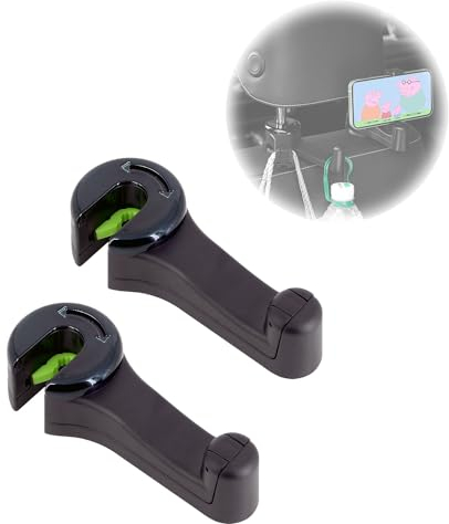 ViWaVee 2 in 1 Kopfstützenhalterung Auto Haken mit Handyhalterung, 360° Heckhaken für Autositze für Tasche, Geldbörse, Stoff, Lebensmittel, Rücksitz-Auto-Organizer. (Schwarz -2 Pack)