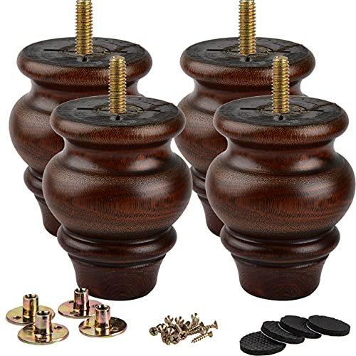 La Vane 3.5 inch Wooden Furniture Legs, 4PCS Soild Wood Tapered Replacement Bun Feet with Pre-Drilled M8 Inch Bolt & Mounting Plate for Couch Sofa Cabinet Ottoman