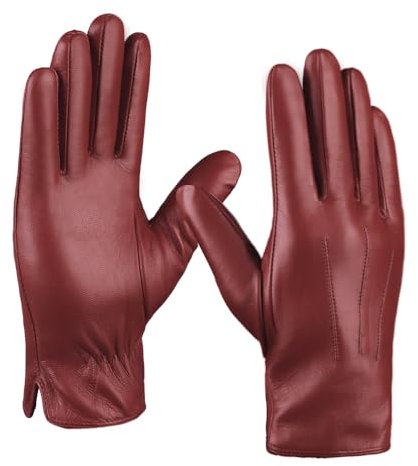 MGGMOKAY Herren Lederhandschuhe Touchscreen Kaschmir gefüttert,Rot,L