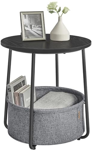 VASAGLE Beistelltisch rund, Kleiner Tisch, Couchtisch klein, Wohnzimmertisch, Korb aus Stoff, Stauraum für Wohnzimmer Schlafzimmer, Nachttisch modern, ebenholzschwarz-schiefergrau LET223B01