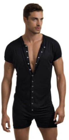 DLSMDOUS Pigiama Tutina a Maniche Corte da Uomo Pigiama Intero da Salotto Sexy Pigiama Tuta Pigiama Pagliaccetto Elasticizzato per Adulti Nero L
