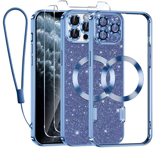 Kokio Handykette für iPhone 11 Pro Max Hülle mit Band, [Kompatibel mit MagSafe] Glitzer Magnetisch Handyhülle für iPhone 11 Pro Max mit 2 Stück Schutzfolie Stoßfeste Silikon Schutzhülle, Blau