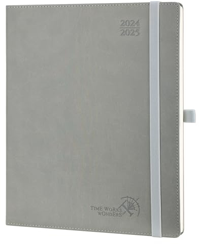 POPRUN Kalender 2025 Wochenplaner (Aug.2024-Dez.2025) Softcover mit PU-Leder, ca. A4 (26,5 x 21,5 cm), 17-Monate-Terminplaner 2025 1 Woche 2 Seite mit Zertifiziertem Papier - Grau