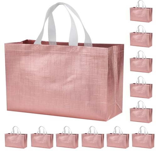 LOOKSGO 12 PCS 15.5x4.7x11 Inches Rose Gold Extra Large Reusable Gift Bags With Handles - XL Goodie & Birthday Party Favor Bags