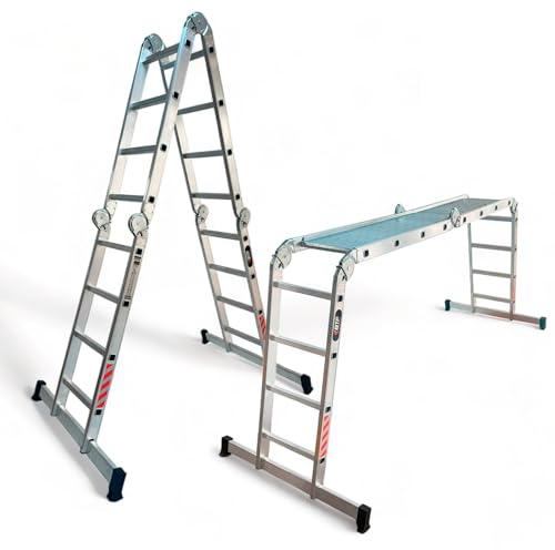 BTF | Escalera Multifuncional de Aluminio Articulada Plegable, 16 peldaños, 4x4 de 4,2 M de extensión | Escalera Multiusos de hasta 13 Posiciones, Todo en 1: Apoyo, Tijera y Andamio c/Plataforma Met.