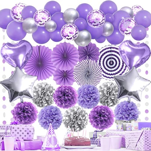 Premium Lila Partydeko - Papier Fächer, Pompons, Luftballon, Violett Party Deko, Hochzeit Party Deko, Geburtstag Party Deko, Happy Birthday Dekoration, Babydusche Deko, Partydeko für Mädchen