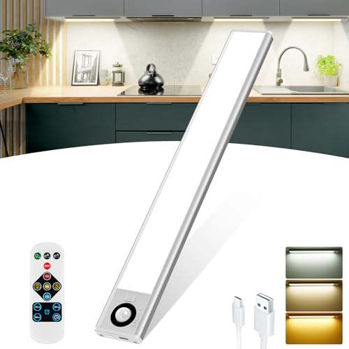 Unterbauleuchte Küche LED mit Fernsteuerung, 30CM Schrankbeleuchtung mit Bewegungsmelder, 72 LEDs 3000mAh USB-C Aufladbar, 3000K/4000K/6000K Dimmbar, 1 Stück LED Leiste für Kleiderschrank, Treppe
