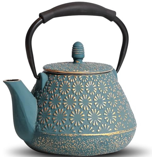 GUANGHEIRON Gusseiserne Teekanne 950 ml, japanische Teekanne mit Kirschblütenmuster, Teesieb, emaillierte Innenseite, Silikongriff, für Herdplatte, ideal für Tee und Kaffee Grün