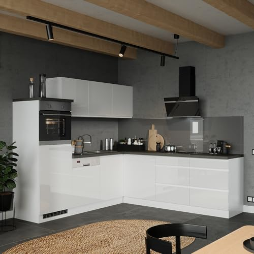 Küche Küchenzeile Winkelküche 240/240cm, inkl. E-Geräte, in Hochglanz weiß, Arbeitsplatte Betonoptik | inkl. Dunstabzugshaube, Induktionskochfeld, Einbau-Backofen, teilintegrierter Geschirrspüler