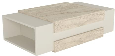 moebel17 Couchtisch Wohnzimmertisch rechteckig Tisch modern, Holz, Beige mit Granit Optik, Möbelstück für Wohnzimmer, flach, 2 Ablagefächer, Designertisch, 110 x 57 x 31 cm, 2536