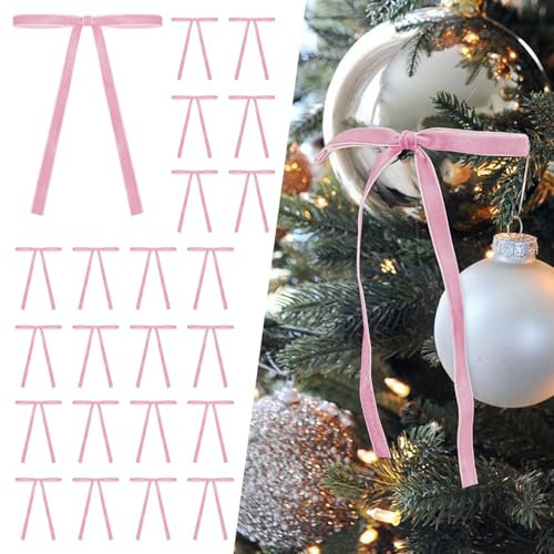 SIMISI RIBBON 24 fiocchi in velluto rosa per albero di Natale, ghirlanda decorativa vintage per porta (1,9 cm di larghezza, 12,7 x 17,8 cm)