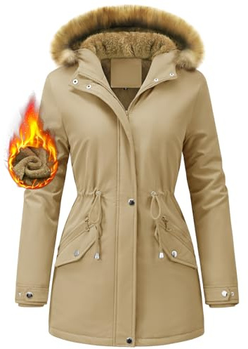 FemiChic Women Winter Coat UK Fleece-Lined Jackets Ladies Long Winterproof Parka Warm Padded Coats Thermal Thickened Hooded Outwear Detachable Hood Overcoat